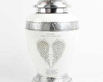 Cremation Ashes Large Adult Urn Angel Wings Design White Memorial Funeral Urn Fully Personalised