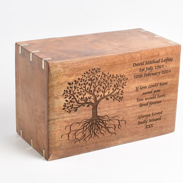 Adult Large Cremation Ashes Solid Wood Casket Urn Box Tree of Life Engraved Option to Personalise Free Ashes Bag