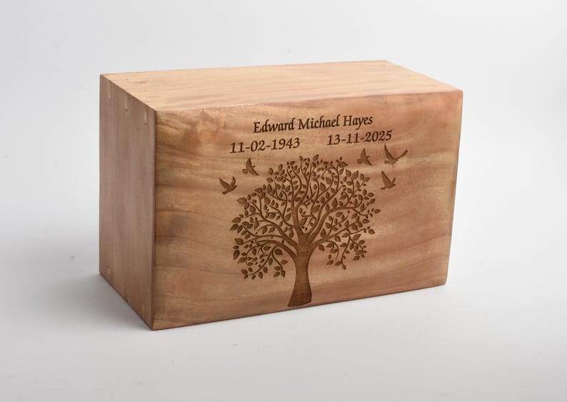 Adult Large Cremation Ashes Solid Wood Casket Urn Box Tree of Life Engraved Option to Personalise image 5