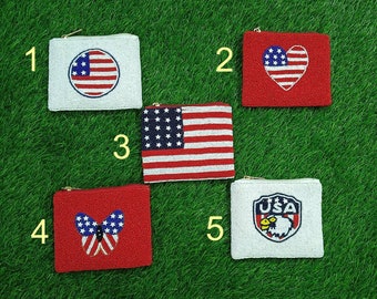 American Flag Beaded Coin Purse: Zippered Canvas Pouch