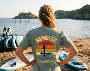 Mumbles Knab Rock | Retro Sunset Paddleboard T-shirt | Paddleboarding Vintage Beach Tee