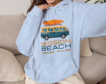 Mission Beach Surf Van Hoodie | Gower Wales Beach Retro Surfboard