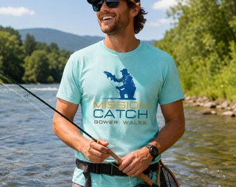 Mission Catch Wales T-shirt | Fishing Mountain Graphic, Cymru Outdoor Tee