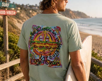 BullJam Exclusive | Jalapeño Burger Illustration T-shirt | Funky Psychedelic Cheeseburger Art