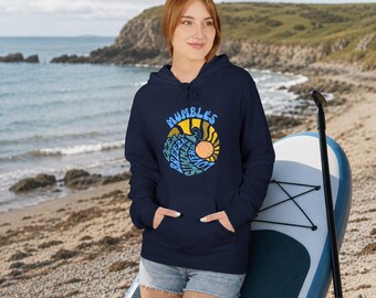 Mumbles Wave Sun Hoodie | Beachy Nautical Typography, Ocean Vibes | Unisex