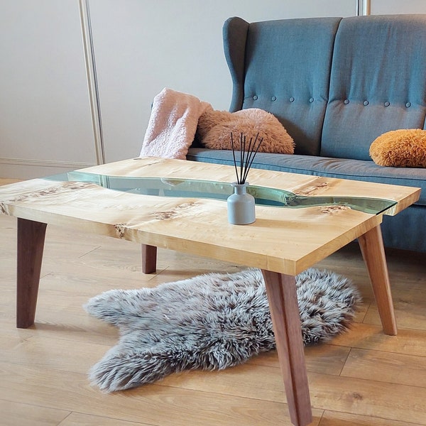 unique wood and glass coffee table, live edge, wooden piece of furniture, mappa burl, poplar, small table, low coffe table