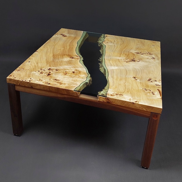 unique wood and glass coffee table, live edge, wooden piece of furniture, mappa burl, poplar