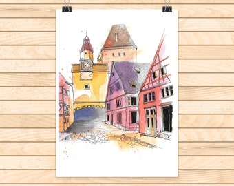 German city – travel poster wall art, urban sketch watercolor print, Europe city bright wall art poster, handmade home decor