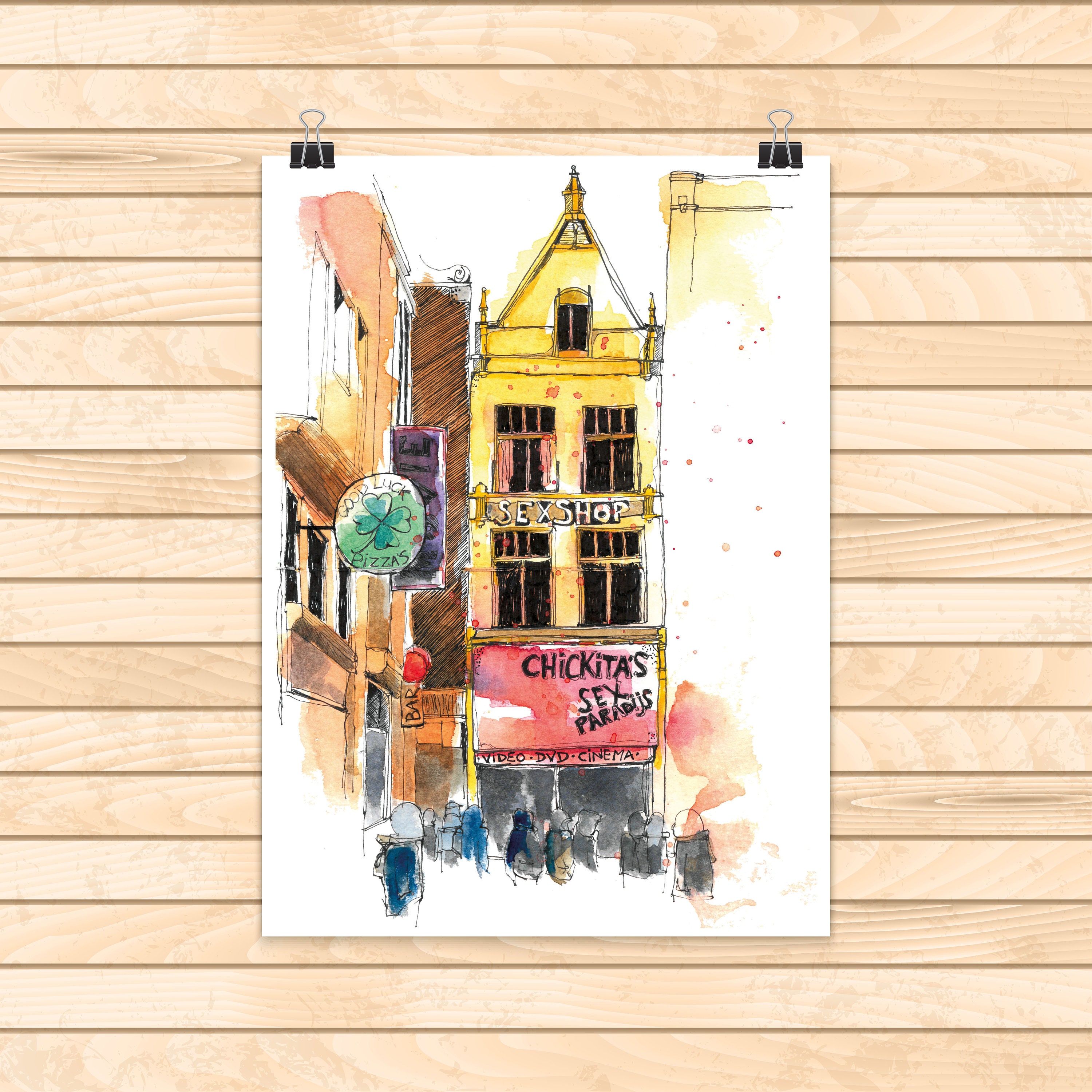 Amsterdam Red Light District Handmade Watercolor Print image