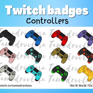 Op de afbeelding: Negen verschillende gekleurde videogamecontroller-badges voor Twitch. De controllers zijn in zwart, blauw, roze, turquoise, grijs, goud, rood, groen en geel. De tekst "twitch.tv/tamodrovlasa" en "18x18 36x36 72x72" staat onderaan de afbeelding.