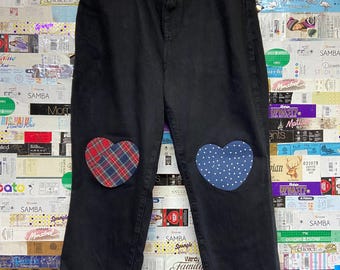 Jean stretch ample retravaillé. patchs coeurs étoiles vichy rétro vintage taille 18