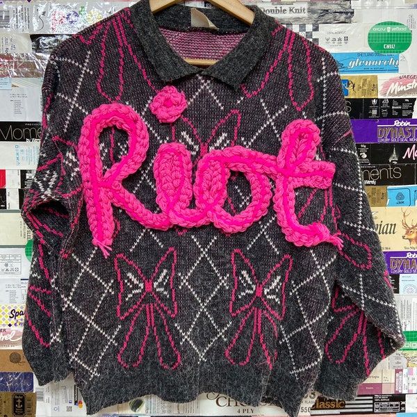 RIOT Barbie Reworked Romancecore vintage bows polka dot retro political sweater. Quirky handmade ethical. Reclaimed recycled clothing XS-M