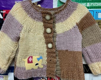 Cardigan tricoté à la main pour bébé et tout-petit avec patch animal en feutre vintage 3-6 mois
