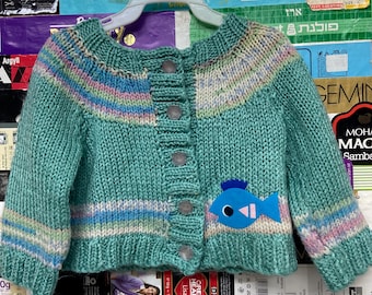 Cardigan tricoté à la main pour bébé et tout-petit avec patch animal en feutre vintage 3-6 mois