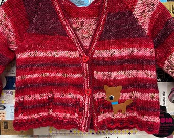 Cardigan tricoté à la main pour bébé et tout-petit avec patch animal en feutre vintage 2-3 ans