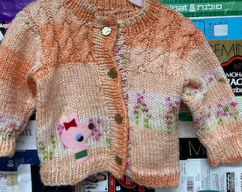 Cardigan tricoté à la main pour bébé et tout-petit avec patch animal en feutre vintage 3-6 mois