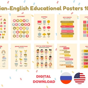 Russisch Engels Educatieve Poster Set, Tweetalig Studiemateriaal, Russische Emoties, Homeschool Wall art, ABC poster, Leer Russisch