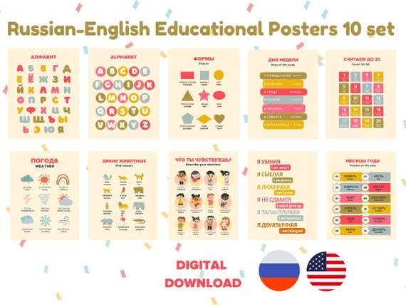 Russian English Educational Poster Set, Bilingual Study Materials,Russian Emotions,Homeschool Wall art, abc poster, learn Russian