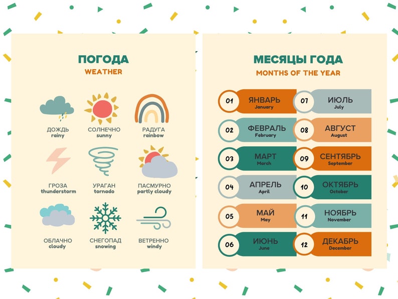 May include: A colorful chart with illustrations of weather conditions and the months of the year in Russian and English. The weather icons include rain, sun, rainbow, thunderstorm, tornado, partly cloudy, cloudy, snowing, and windy. The months of the year are listed in Russian and English with the corresponding number.