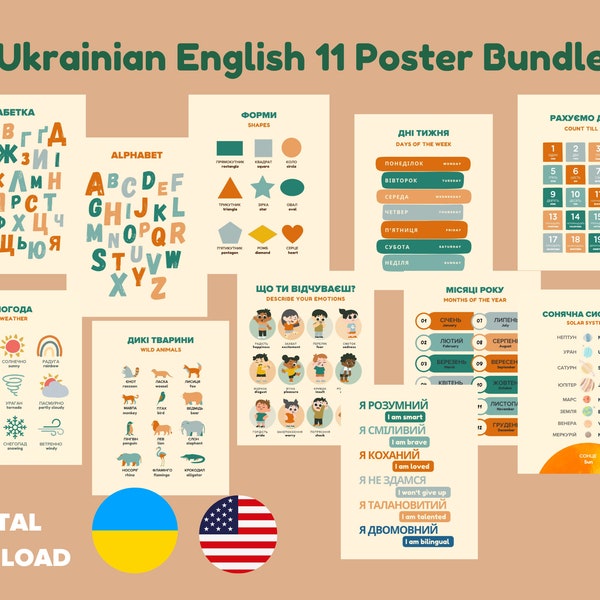 Ukrainian English Educational Poster Bundle, Ukrainian Alphabet, Emotions print, Bilingual Wall art, abc poster, learn Ukrainian