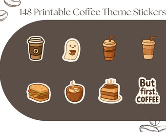 Pegatinas Kawaii de Café / Tema de Cafetería Acogedora, Álbum de Recortes para Agenda (PNG y PDF)