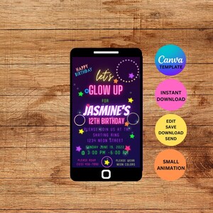 Neon Glow In The Dark Kids Birthday Party Invitation Digital Download Editable Template Happy Birthday