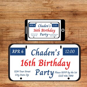 License Plate Birthday Party Invitation Digital Download Editable Template Sweet Sixteen Happy Birthday 16