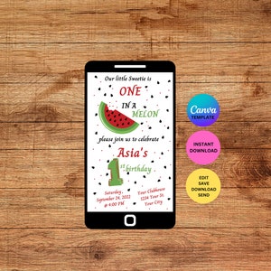One in A Melon Birthday Party Digital Invitation Instant Download Editable Canva Template Happy Birthday First 1st Birthday