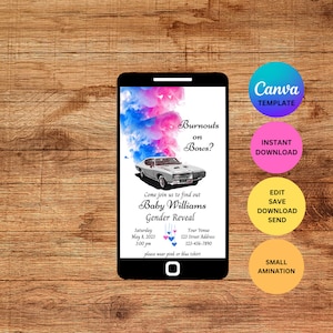Burnouts or Bows Baby Gender Reveal Digital Invitation Editable Canva Template Instant Download