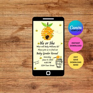 He or She Bumblebee Baby Gender Reveal Digital Invitation Editable Canva Template Instant Download
