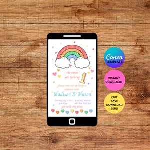 Invitation fête d&#39;anniversaire arc-en-ciel pour bébé 1er anniversaire en téléchargement numérique Modèle modifiable Modèle Canva Joyeux anniversaire