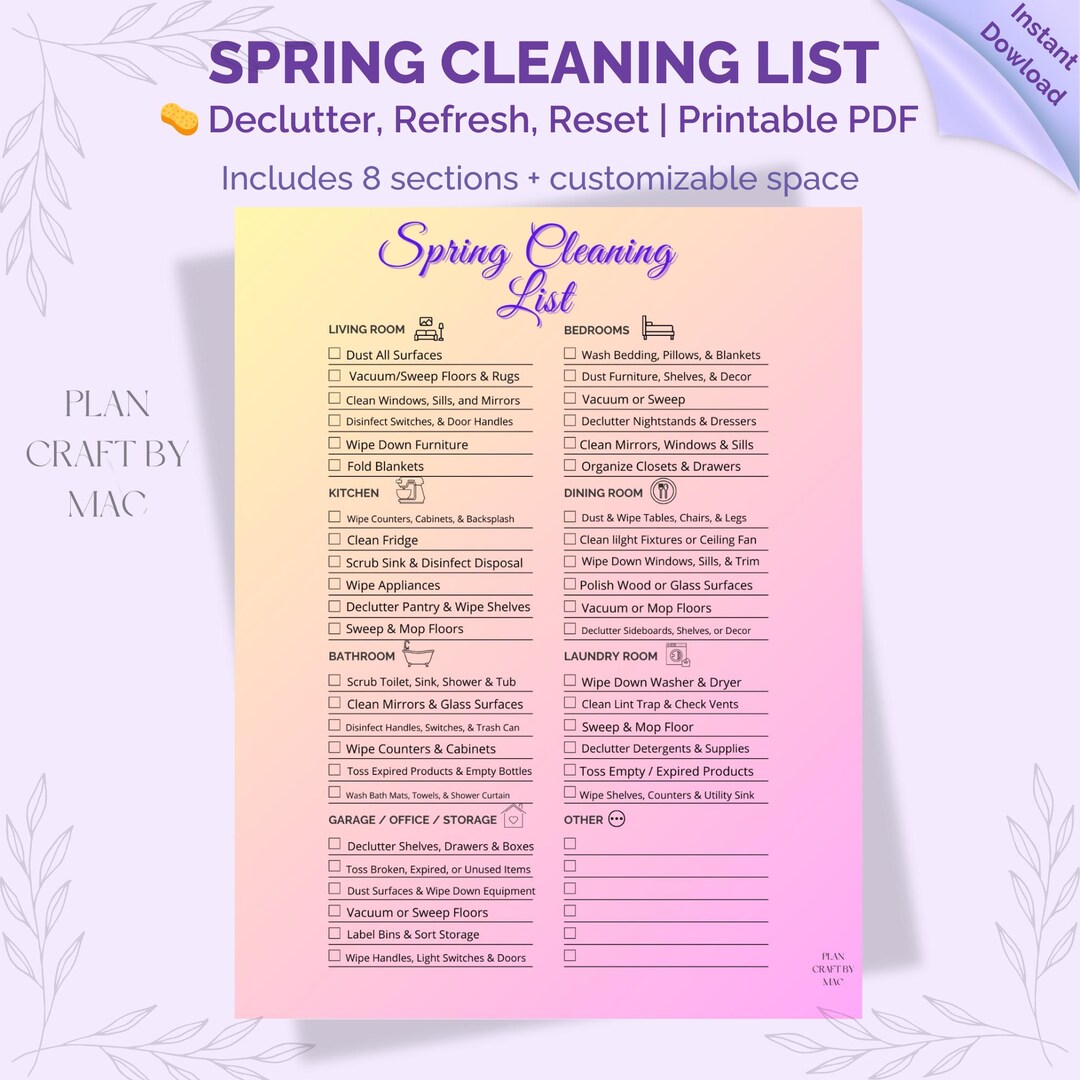 Printable Spring Cleaning Checklist PDF - Etsy