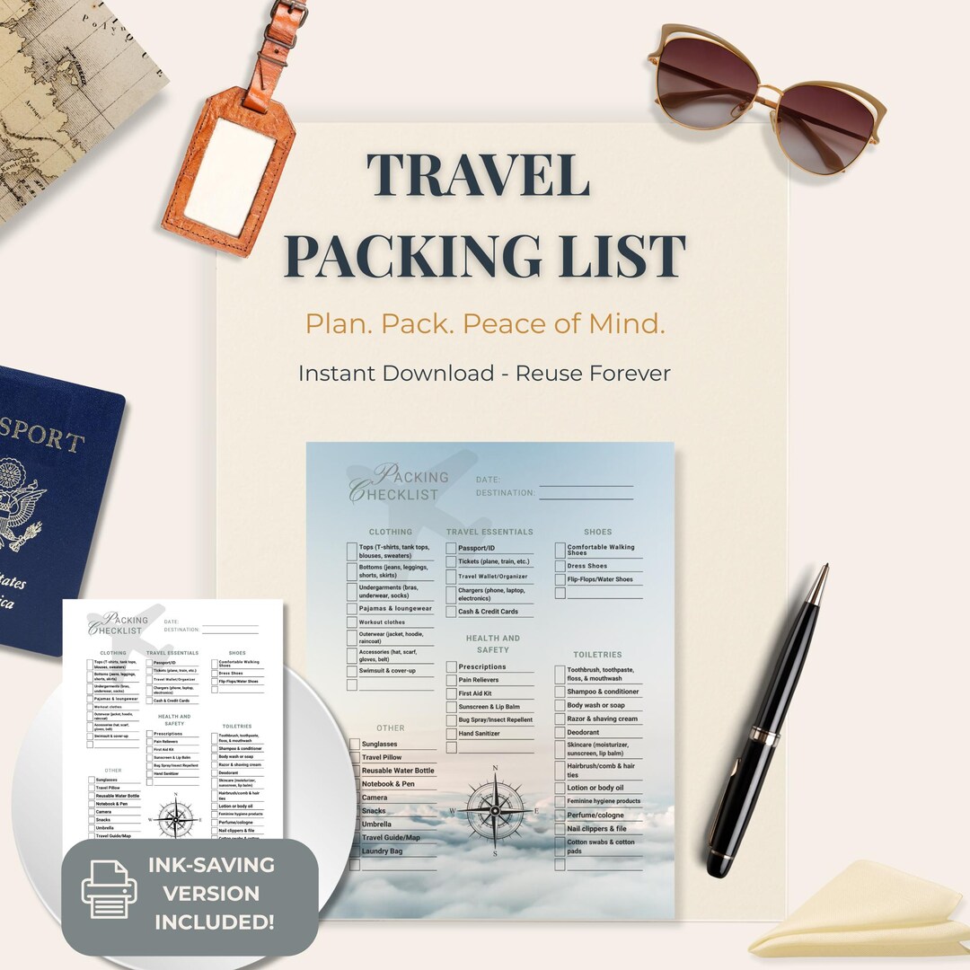 Travel Packing List Printable – Color + B&W Ink-saving Version ...