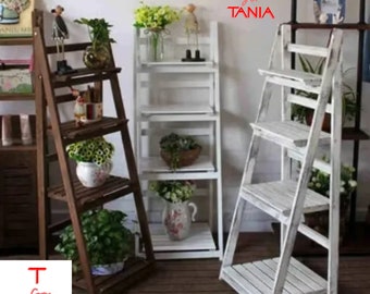 4-Tier Wooden Ladder Shelf - Foldable Bookcase Storage Rack - Foldable wooden ladder-Plant shelf