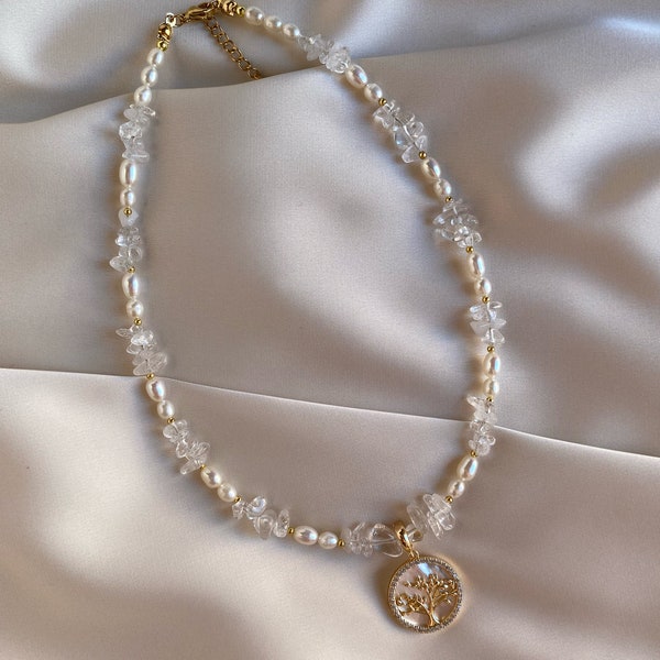 Collana di perle e quarzo bianco naturale, fornitura in acciaio, charm di madreperla placato oro 24K, regalo per donna, fatto a mano