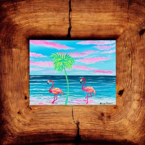Original One Of A Kind Flamingos On A Beach Painting