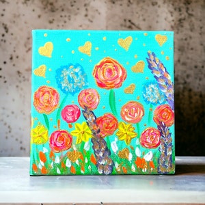 Original One Of Kind Golden Hearts and Abstract Flowers Painting