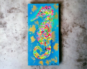 Original único en su tipo, arte de caballitos de mar, arte oceánico, caballito de mar abstracto, pintura de caballitos de mar