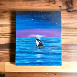 Original One of a kind, Night Sky Painting, Ocean Art, Sea Life Art, Killer Whale Painting
