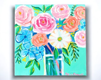 Pintura original única de flores abstratas coloridas