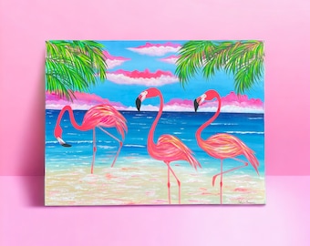 One-of-a-Kind Flamingo Family Beach Walk Painting