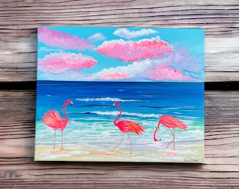 Original One Of A Kind 3 Flamingos On The Beach Painting