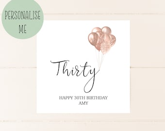 30TH Birthday Card, Personalised 30th birthday card, Happy Birthday, card for her, 30, 30th, birthday card for her, 30th card, Balloons