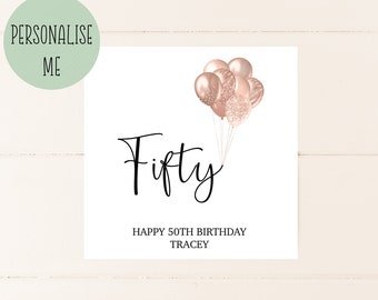 50TH Birthday Card, Personalised 50th birthday card, Happy Birthday, card for her, 50, 50th, birthday card for her, 50th card, Balloons