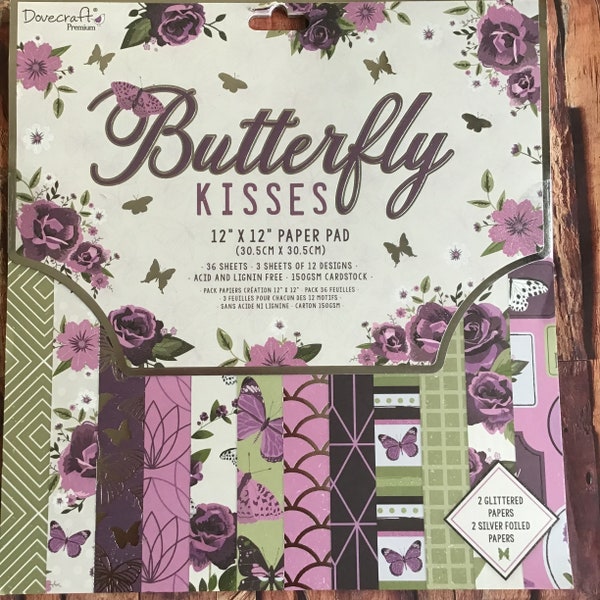 12 x 12 Butterfly Kisses, Full Pack, designer paper pad, Scrapbooking, card making.