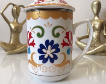 With Lid Ceramic Mug, Turkish Mug, Handmade Tulip Ceramic Coffee Mug, Mediterranean Ceramic Coffee Mug, Turkish Handmade Herbal Tea Milk Mug