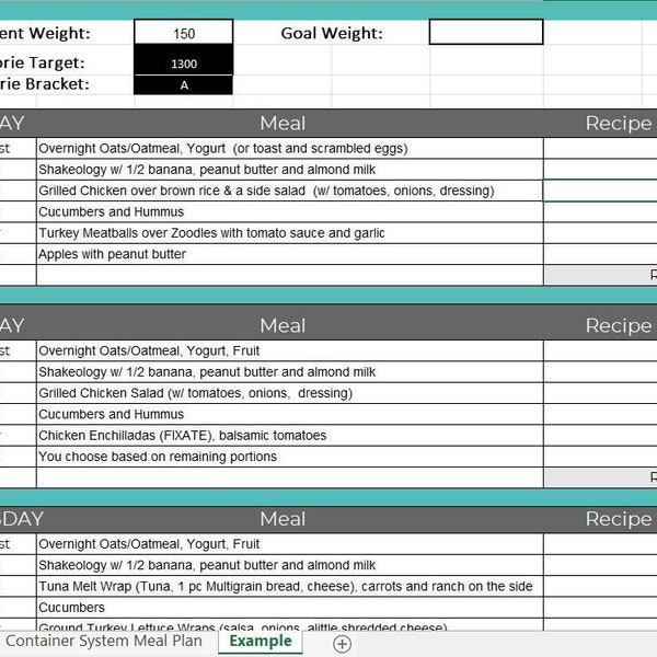 21 Day Fix Meal Planner - Excel Spreadsheet