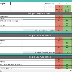 May include: A spreadsheet with a meal plan for a week. The spreadsheet includes a list of meals for each day, along with the corresponding container sizes for each meal. The container sizes are color-coded, with red for protein, green for vegetables, yellow for carbs, purple for fats, blue for sauces, orange for spices, and tan for toppings.