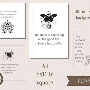 May include: Set of three printable affirmation cards with black and white illustrations. The first card features a butterfly with a moon and stars. The second card features a hand holding a camera. The third card features a hand holding a flower. Each card has a different affirmation printed on it. The cards are available in A4 and 8x11 inch sizes.