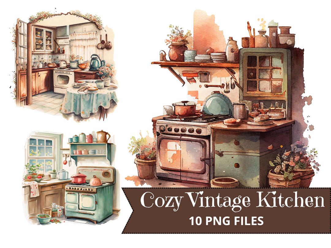 Watercolor Clipart Cozy Vintage Kitchen, Design Illustration ...